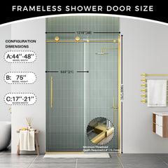 Frameless Shower Door, 44-48 in W x 75 in H,Sliding Shower Door with 5/16"(8mm) Clear Tempered Glass Shower Door,Explosion-Proof Film Nano Coating,Easy to Clean,Brushed Gold