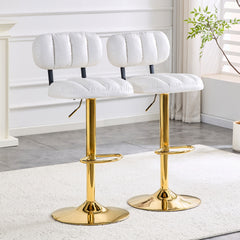 Set of 2 Adjustable Height Bar Stools, White PU Leather Upholstered Seating with Gold Metal Base & Footrest, Luxe Glam Stools for Kitchen Island, Home Bar, Living Room