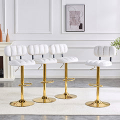 Set of 2 Adjustable Height Bar Stools, White PU Leather Upholstered Seating with Gold Metal Base & Footrest, Luxe Glam Stools for Kitchen Island, Home Bar, Living Room