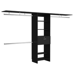 Closet System 70"W - 118"W, Three Hanging Rods, Five Shelves, One Drawer, Black