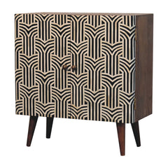 Solid Wood Honey Caramel Edessa Bone Inlay Cabinet, Shelves, Nordic Legs, Black and White