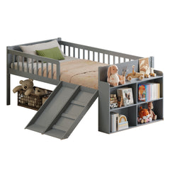 Twin Bed Frame with Storage Shelf, Wooden Bed Frame with Slide and Ladder,Platform Twin Size Bed with Guardrail, No Box Spring Needed, Easy Assembly, Gray