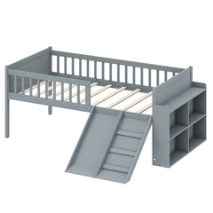 Twin Bed Frame with Storage Shelf, Wooden Bed Frame with Slide and Ladder,Platform Twin Size Bed with Guardrail, No Box Spring Needed, Easy Assembly, Gray