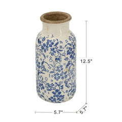 D5.7x12.5" Blue and White Ceramic Accent Vase with Traditional Floral Motifs