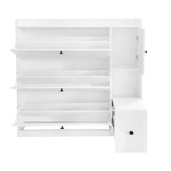 ON-TREND Versatile Tipping Bucket Shoe Cabinet with 3 Flip Drawers, Maximum Storage Entryway Organizer with Drawer, Free Standing Shoe Rack with Pull-down Seat for Hallway, White