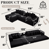 Oversize Cloud Sectional Couch, L-Shape Sofa, Convertible Floor Sleeper Sofa Bed, No Assembly ,Eight pillows,3-in-1,Side Pocket,(Left Facing Sofa),Corduroy,Black