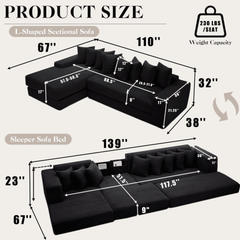 Oversize Cloud Sectional Couch, L-Shape Sofa, Convertible Floor Sleeper Sofa Bed, No Assembly ,Eight pillows,3-in-1,Side Pocket,(Left Facing Sofa),Corduroy,Black