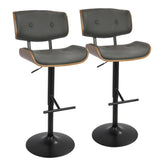 Lombardi Mid-Century Modern Adjustable Barstool with Swivel in Walnut with Grey Faux Leather by LumiSource - Set of 2