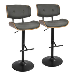 Lombardi Mid-Century Modern Adjustable Barstool with Swivel in Walnut with Grey Faux Leather by LumiSource - Set of 2