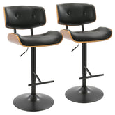 Lombardi Mid-Century Modern Adjustable Barstool with Swivel in Black Metal, Walnut Wood and Black Faux Leather by LumiSource - Set of 2