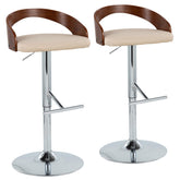 Grotto Mid-Century Modern Adjustable Height Barstool with Swivel in Chrome Metal, Walnut Wood and Cream Faux Leather with Straight T Footrest by LumiSource - Set of 2