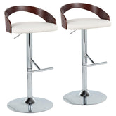 Grotto Mid-Century Modern Adjustable Height Barstool with Swivel in Chrome Metal, Cherry Wood and White Faux Leather with Straight T Footrest by LumiSource - Set of 2