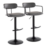 Demi Contemporary Adjustable Height Barstool with Swivel in Black Metal and Grey Faux Leather with Rounded T Footrest by LumiSource - Set of 2