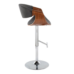 Curvo Mid-Century Modern Adjustable Barstool with Swivel in Chrome Metal, Walnut Wood and Charcoal Fabric with Straight T Footrest by LumiSource - Set of 2