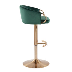 Claire Contemporary/Glam Adjustable Bar Stool in Gold Steel with Rounded T Footrest and Green Velvet by LumiSource - Set of 2