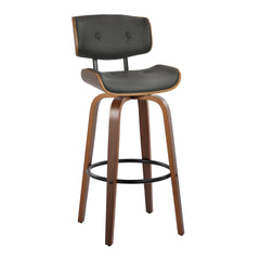 Lombardi 30" Mid-Century Modern Fixed-Height Barstool with Swivel in Walnut Wood and Grey Faux Leather with Round Black Metal Footrest by LumiSource - Set of 2