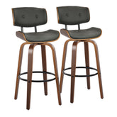 Lombardi 30" Mid-Century Modern Fixed-Height Barstool with Swivel in Walnut Wood and Grey Faux Leather with Round Black Metal Footrest by LumiSource - Set of 2