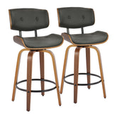 Lombardi 26" Mid-Century Modern Fixed-Height Counter Stool with Swivel in Walnut Wood and Grey Faux Leather with Round Black Metal Footrest by LumiSource - Set of 2