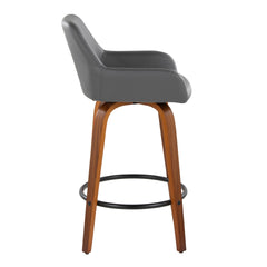 Daniella 26" Contemporary Fixed-Height Counter Stool with Swivel in Walnut Wood and Grey Faux Leather with Round Black Metal Footrest by LumiSource - Set of 2
