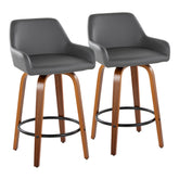 Daniella 26" Contemporary Fixed-Height Counter Stool with Swivel in Walnut Wood and Grey Faux Leather with Round Black Metal Footrest by LumiSource - Set of 2