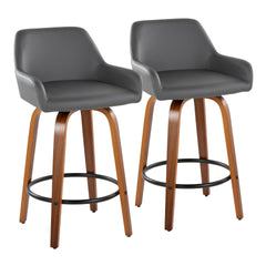 Daniella 26" Contemporary Fixed-Height Counter Stool with Swivel in Walnut Wood and Grey Faux Leather with Round Black Metal Footrest by LumiSource - Set of 2