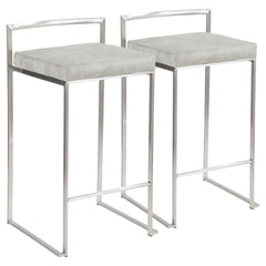 Fuji Contemporary Stackable Counter Stool in Stainless Steel with Light Grey Cowboy Fabric Cushion by LumiSource - Set of 2