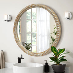 Round Decorative Wall Mirror, 23.62" Distressed Wood Beaded Frame Mirror for Entryway, Living Room, Bathroom, Farmhouse Style Accent Mirror
