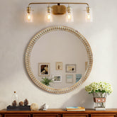 Round Decorative Wall Mirror, 23.62" Distressed Wood Beaded Frame Mirror for Entryway, Living Room, Bathroom, Farmhouse Style Accent Mirror
