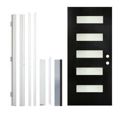 36 x 80 Fiberglass Entry Door with Brickmould, Frosted Glass, Black Finished Knock-Down Fiberglass Door - Contemporary Style for Home's Front Entrance, Left Hand Inswing with White Vinyl Frame