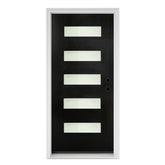 36 x 80 Fiberglass Entry Door with Brickmould, Frosted Glass, Black Finished Knock-Down Fiberglass Door - Contemporary Style for Home's Front Entrance, Left Hand Inswing with White Vinyl Frame