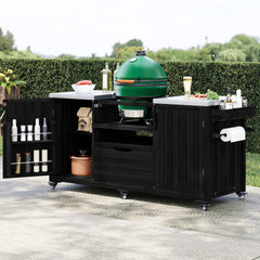 K&K 66.5" Outdoor Kitchen Island for Big Green Egg Grills, Solid Wood Outdoor Grill Cart for Tabletop Grill with Stainless Steel Top, Drawer, Compatible with Large Big Green Egg, Kamado Joe- Black
