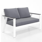 52.95" All-Weather Aluminum Patio Loveseat with Wood Armrests & Angled Backrest – White & Light Grey