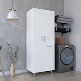 Iris 71" High Two-Door Broom Closet With Hamper, Four Shelves, Hangers, Storage Closet, Pantry Cabinet