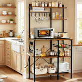 Bakers Rack with Power Outlet, Microwave Stand with Storage, Coffee Bar with S-Shaped Hooks, Kitchen Shelf with Wire Basket, Metal Bakers Rack for Spices, Pots (Brown)