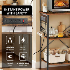 Bakers Rack with Power Outlet, Microwave Stand with Storage, Coffee Bar with S-Shaped Hooks, Kitchen Shelf with Wire Basket, Metal Bakers Rack for Spices, Pots (Brown)