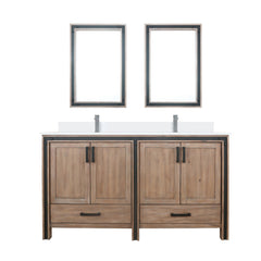 Rustic Barnwood Double Bath Vanity 60 in. W x 22 in. D, White Quartz Top, Faucet Set and 22 in. Mirrors