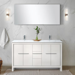 White Double Bath Vanity 60 in. W x 20 in. D, Cultured Marble Top, Chrome Faucet Set and 55 in. Mirror