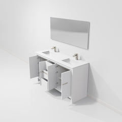 White Double Bath Vanity 60 in. W x 20 in. D, Cultured Marble Top, Gun Metal Faucet Set and 55 in. Mirror