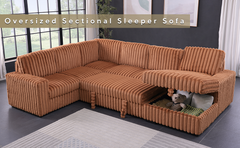 122 Inch Pull Out Couch, Rabbit plush Fabric Sofa Bed Ports & Comfy Upholstered, Oversized U Shape Sectional Sleeper Sofa Bed with Storage Chaise,Orange