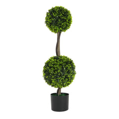 34" Artificial Topiary Boxwood Tree Double Ball with Black Plastic Pot, Set of 2