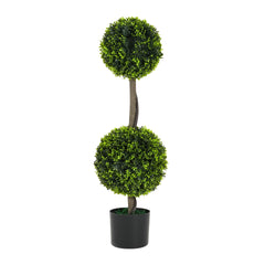 34" Artificial Topiary Boxwood Tree Double Ball with Black Plastic Pot, Set of 2