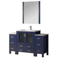 Navy Blue Single Bath Vanity 54 in. W x 18.25 in. D, with Side Cabinets, White Ceramic Top, Faucet Set, and 28 in. Mirror