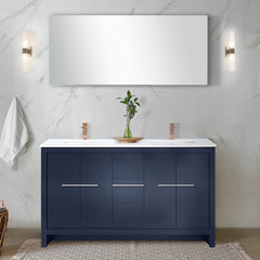 Navy Blue Double Bath Vanity 60 in. W x 20 in. D, Cultured Marble Top and Rose Gold Faucet Set