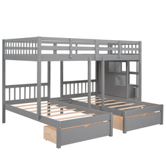 Full Over Twin & Twin Bunk Bed, Wood Triple Bunk Bed with Drawers and Guardrails,Gray ( OLD SKU:LT000443AAE-1)