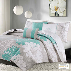 6 Piece Printed Cotton Quilt Set with Throw Pillows Aqua King/Cal King