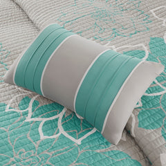 6 Piece Printed Cotton Quilt Set with Throw Pillows Aqua Full/Queen