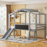 Twin Size Loft Bed with Ladder and Slide, House Bed with Blackboard and Light Strip on the Roof, Gray
