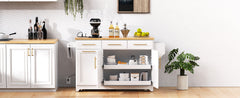 K&K 59.3" Kitchen Island with Storage 2 Pull Out Cabinet Organizers & Rubber Wood Drop Leaf, Rolling Kitchen Island with Trash Can Storage, Power Outlet, Spice & Towel Rack for Kitchen, Dining, White