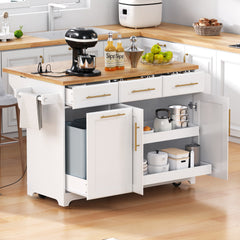 K&K 59.3" Kitchen Island with Storage 2 Pull Out Cabinet Organizers & Rubber Wood Drop Leaf, Rolling Kitchen Island with Trash Can Storage, Power Outlet, Spice & Towel Rack for Kitchen, Dining, White