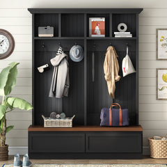 Farmhouse 4-in-1 Hall Tree with Wood Grain Bench, Mudroom Versatile Coat Rack with 2 Large Drawer, Entrance Organizer for Hallway, Living Room, Black, 55.9"W (OLD SKU: N721P313099B)